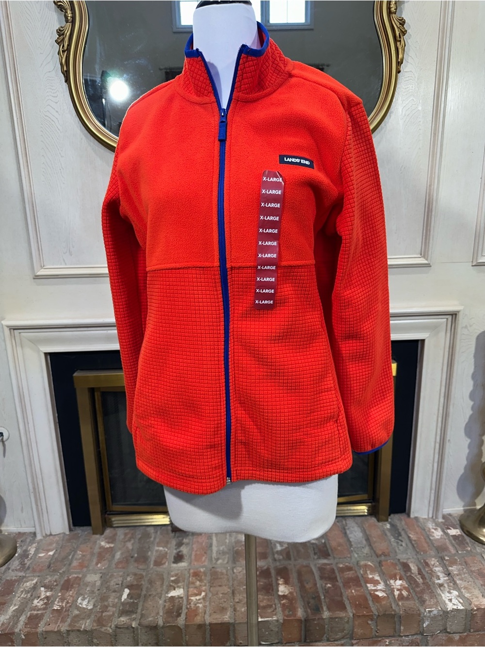 Lands' End Jacket XL Orange Grid Fleece Full Zip Gorpcore Cabin Outdoorsy